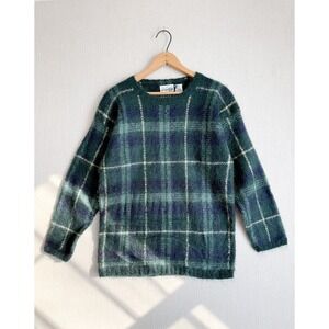 Paul Harris Design Vintage Mohair Blend Plaid Sweater Green Blue Fuzzy Small